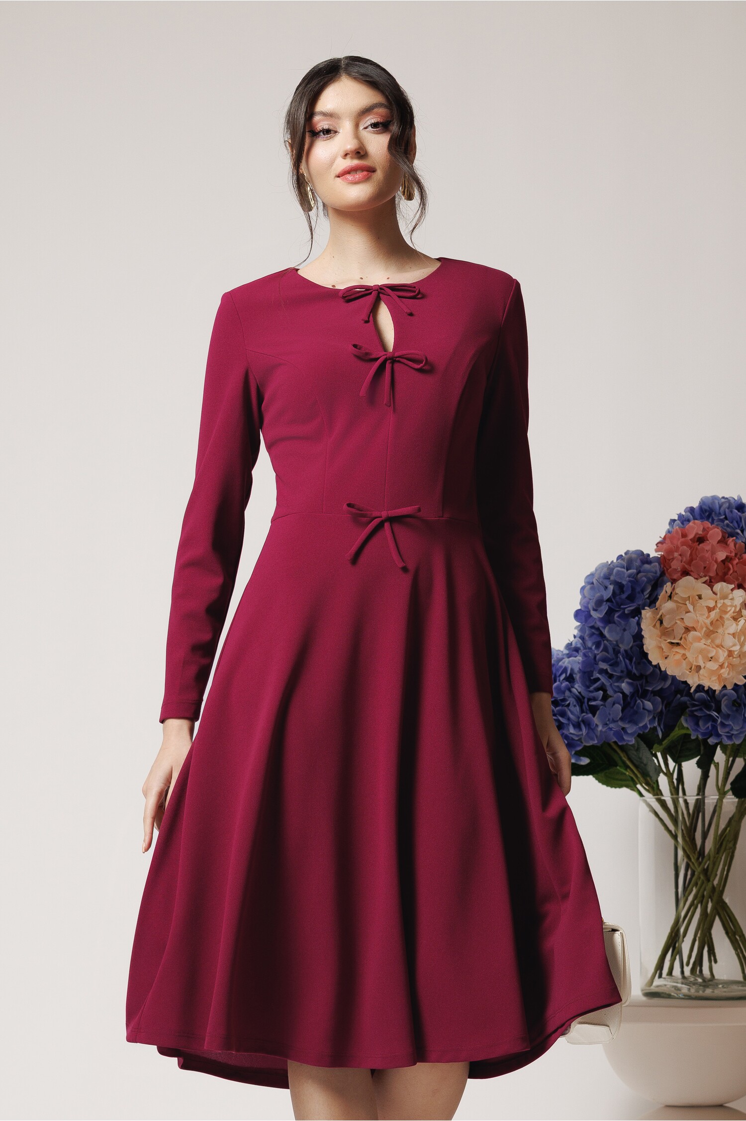 Rochie Office Crep Magenta Eleganta cu Fundite