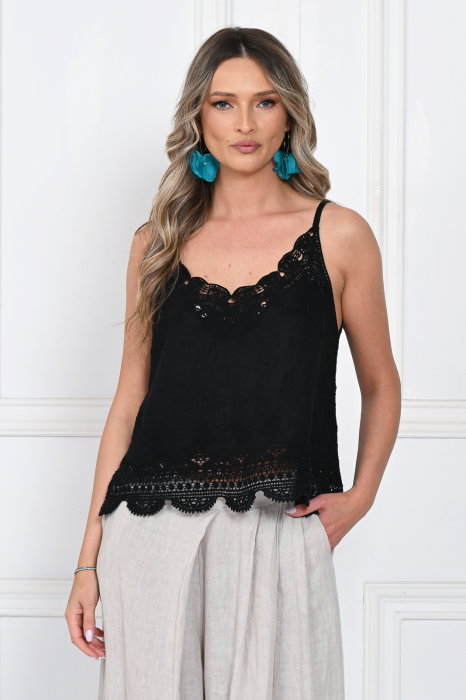 Top din bumbac cu dantela, bretele subtiri, croi lejer, negru