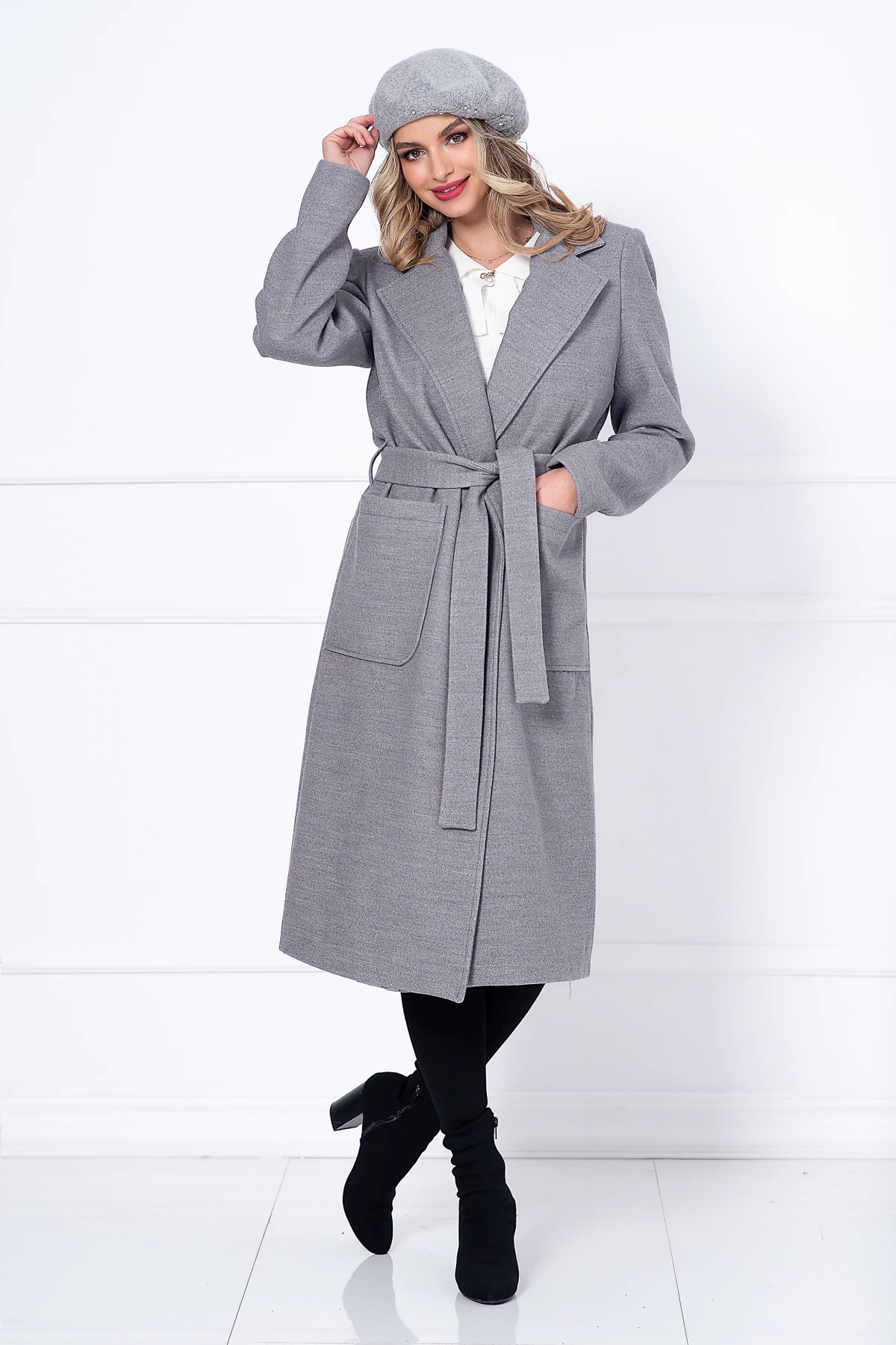 Palton Dante Adelina Gri Lung cu Buzunare