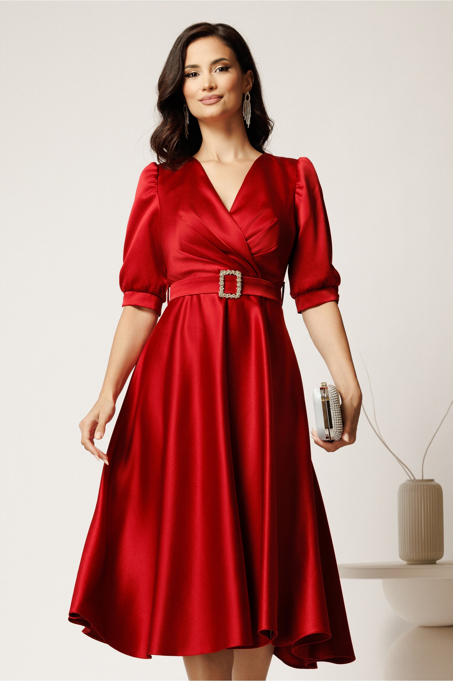Rochie Midi Roșie Elegantă din Taftă | Eveniment