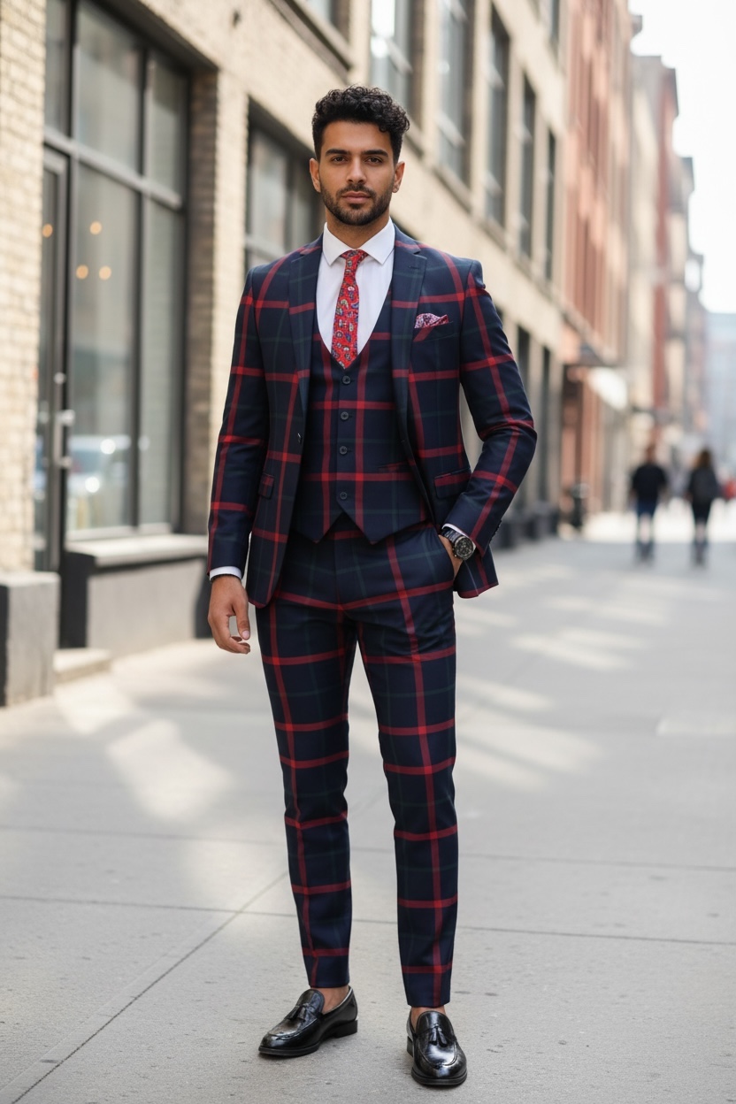 Costum Barbati Slim Fit Bleumarin Carouri B7921 - imagine 2