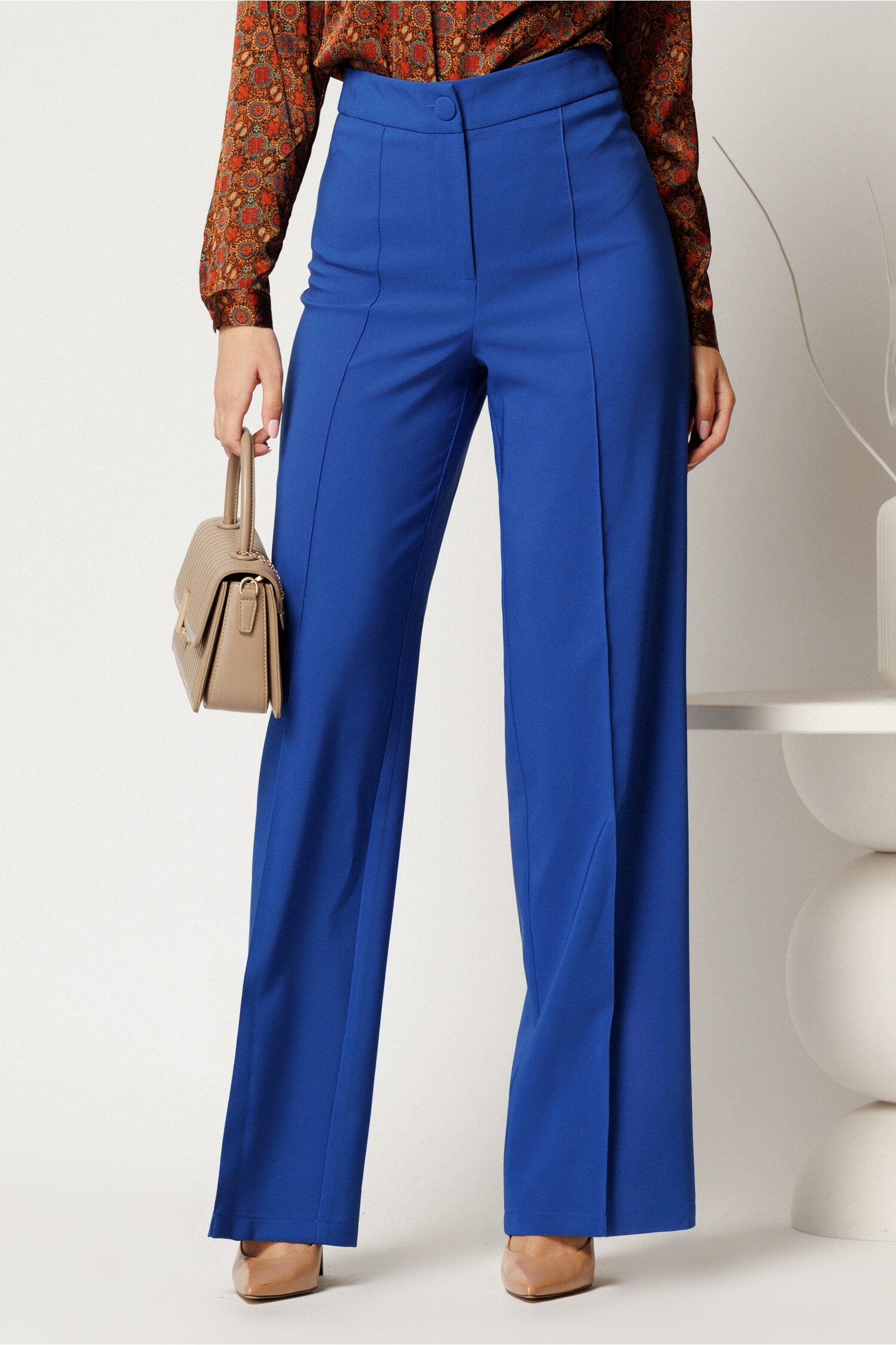 Pantaloni Stofă Albaștri Evazați cu Dungă