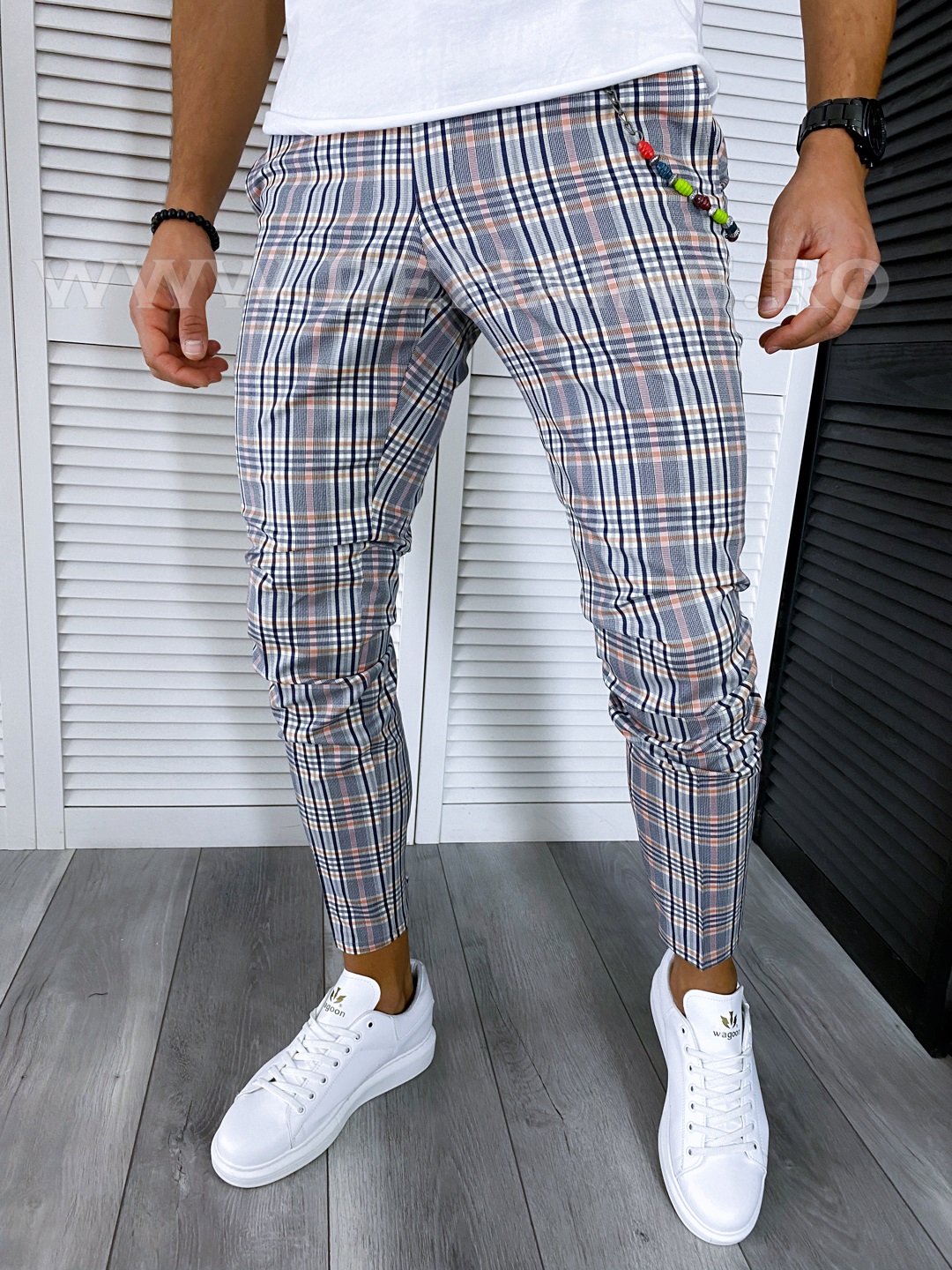 Pantaloni Casual Barbati Bumbac Gri Carouri