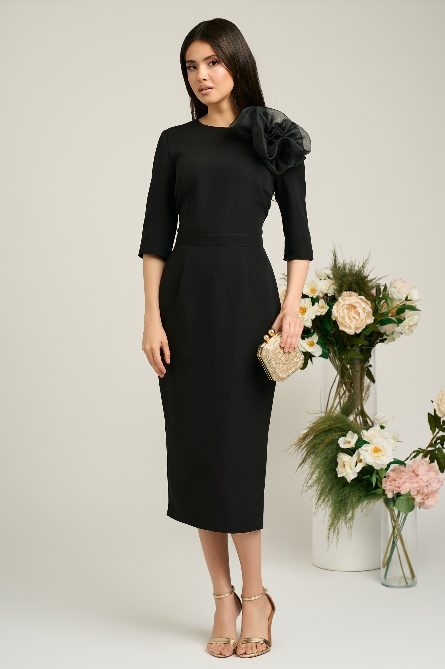 Rochie Dy Fashion Neagră Elegantă cu Floare