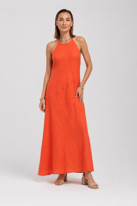 Rochie lunga, asimetrica, din in, cu spatele gol, rosu tangerine
