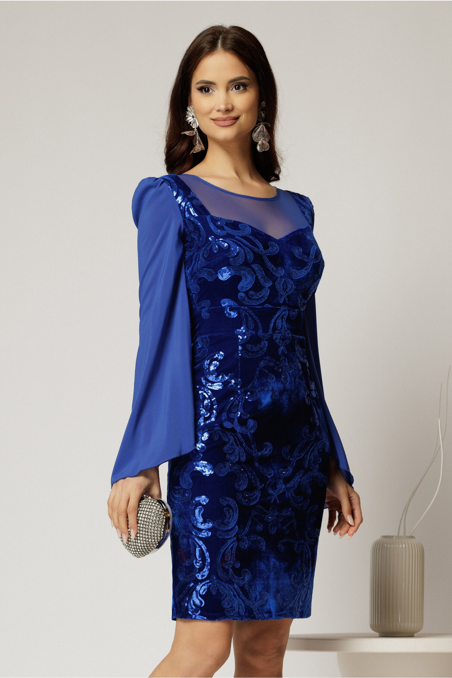 Rochie Catifea Albastra cu Paiete Eleganta