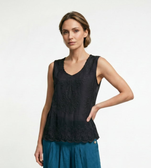Top din bumbac cu broderie florala si dantela, negru