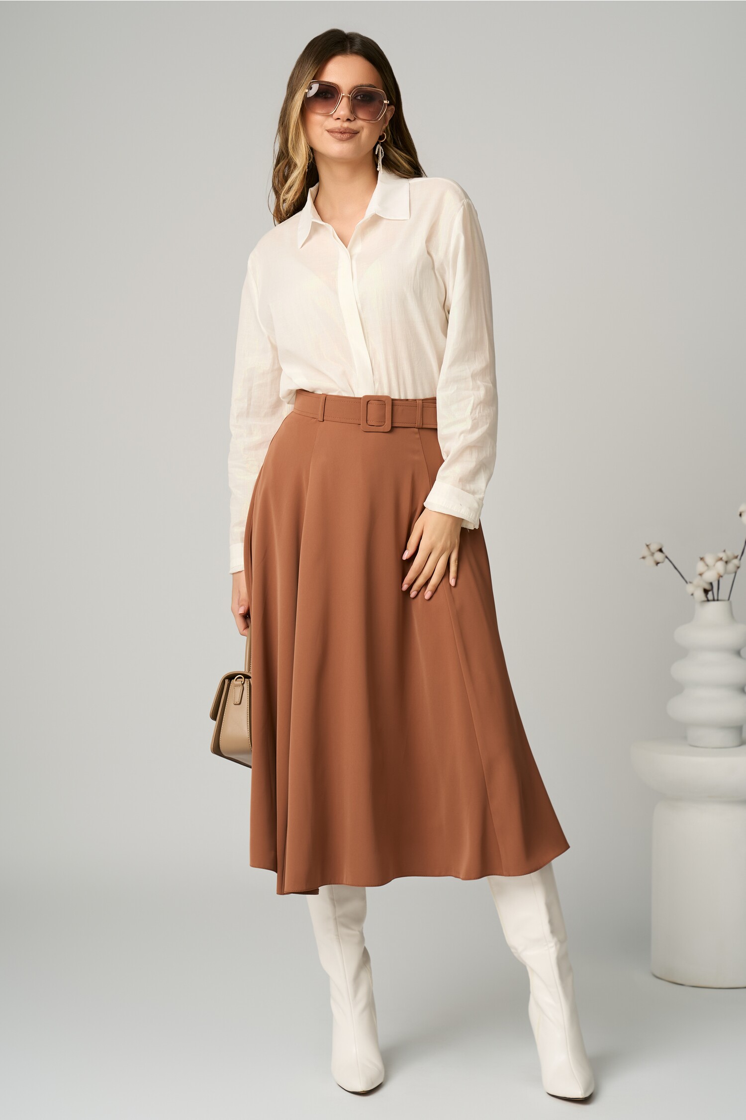 Fusta DY Fashion office midi triplu voal camel