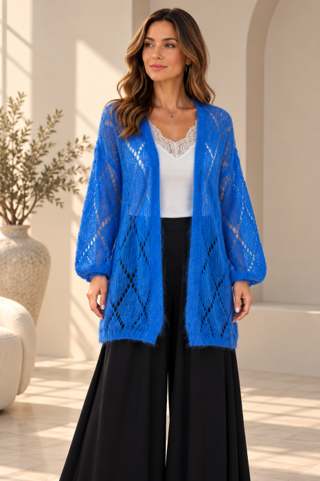 Cardigan lung din Kid Mohair cu tricot ajurat si cordon, albastru