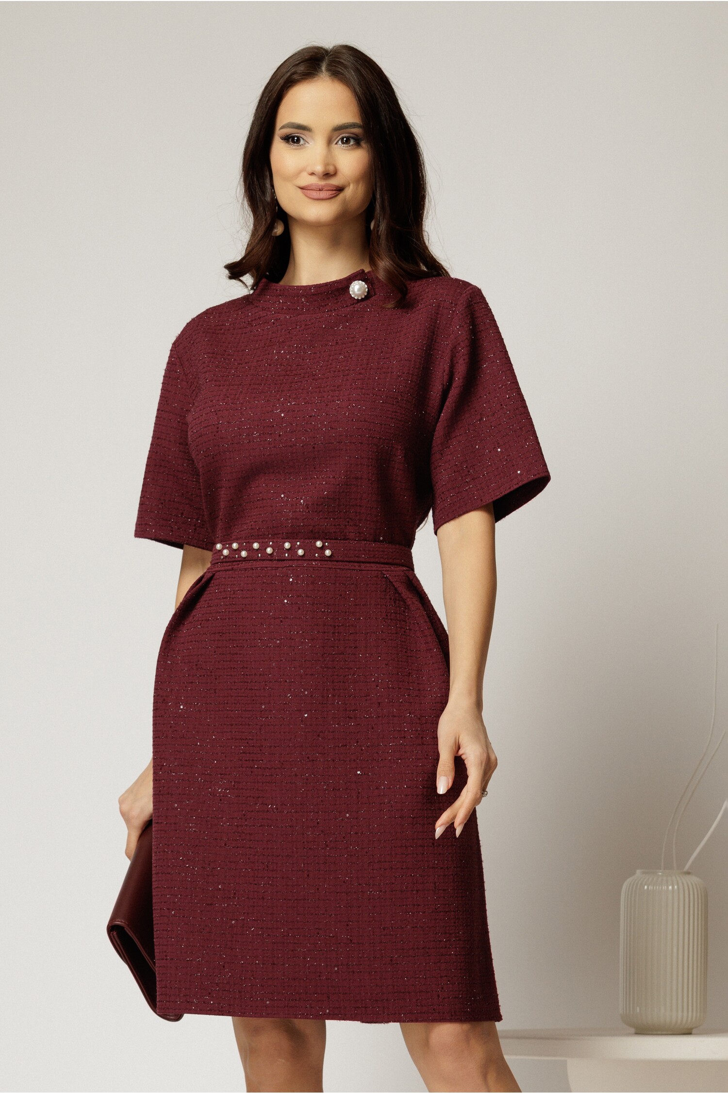Rochie Bordo Elegantă cu Perle și Lurex