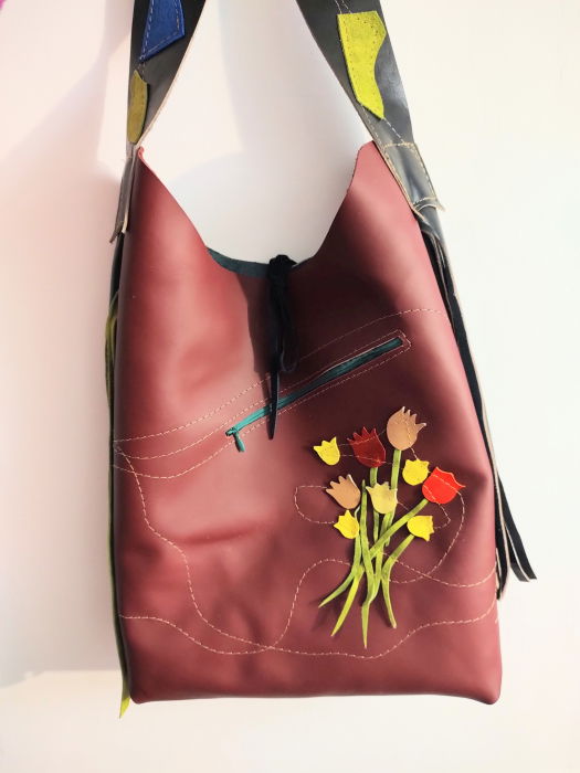 Geanta Piele Naturala cu Lalele | Shopika