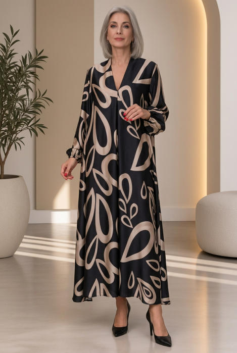 Rochie maxi din satin de matase si vascoza cu imprimeu grafic abstract alb negru