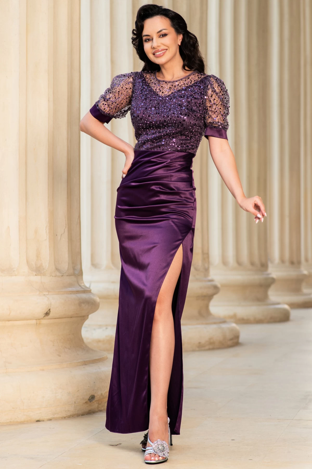 Rochie de seara Sophia mov din tafta cu bust din paiete