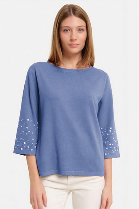 Pulover Shopika bleu cu aplicații manuale