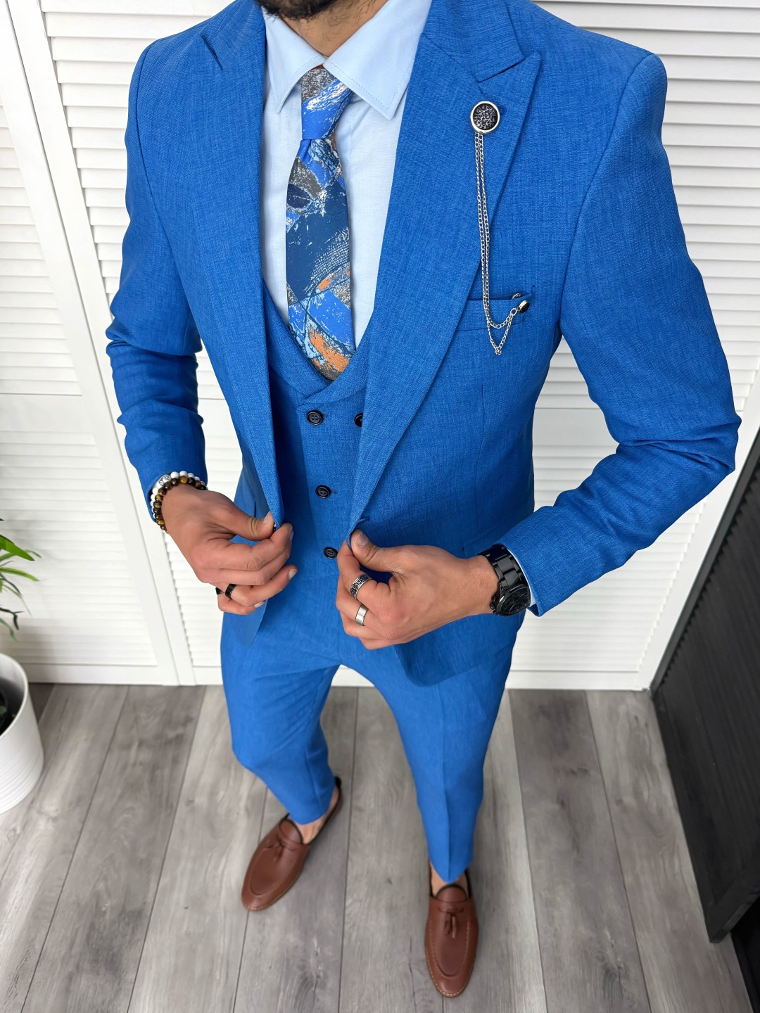 Costum Barbati Slim Fit 3 Piese Albastru Elegant