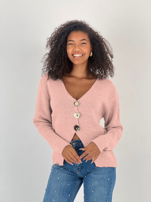 Pulover Roz Miss Poem Oversize cu Nasturi Aurii