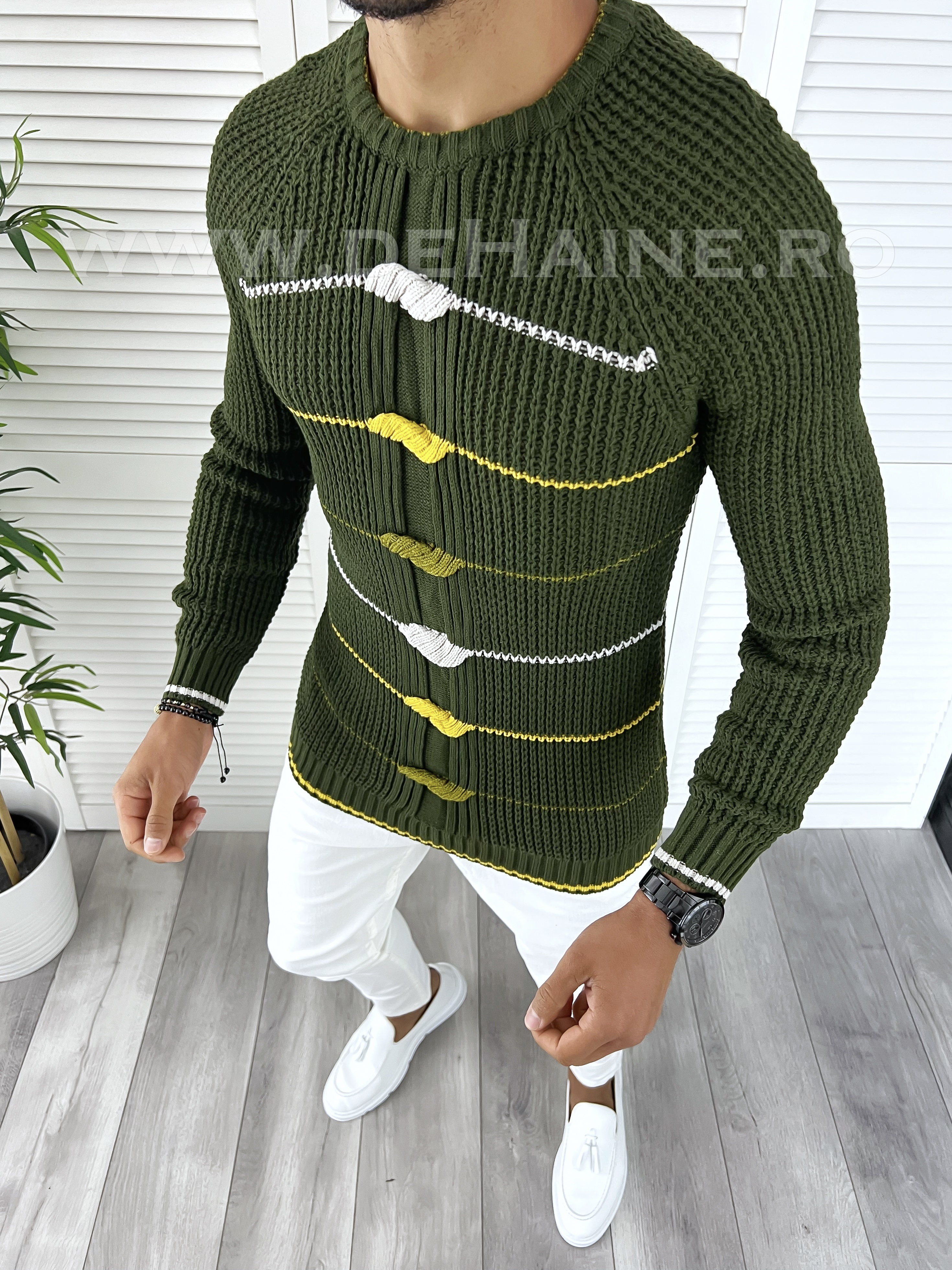 Pulover Barbati Kaki Gros Slim Fit - Elegant