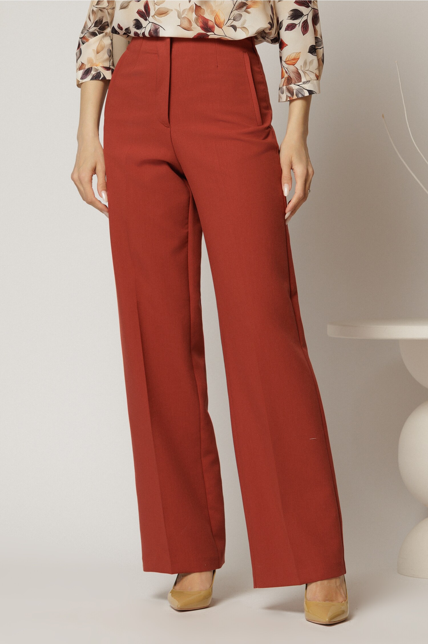 Pantaloni Dămă Cărămizii Croi Drept cu Viscosă