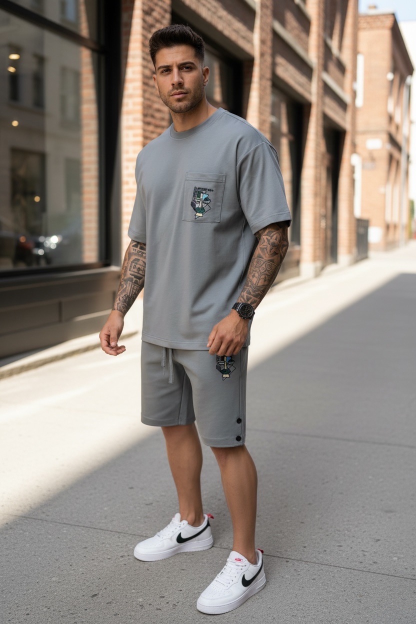Compleu Vara Gri Tricou + Pantaloni cu Imprimeu