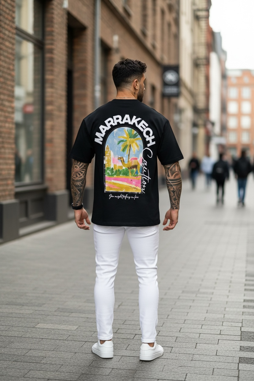 Tricou barbati negru cu imprimeu  oversize 1858 D3-1.3