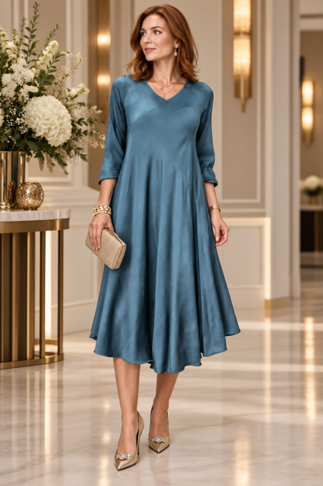 Rochie midi satinata din matase si vascoza cu croi fluid, turcoaz