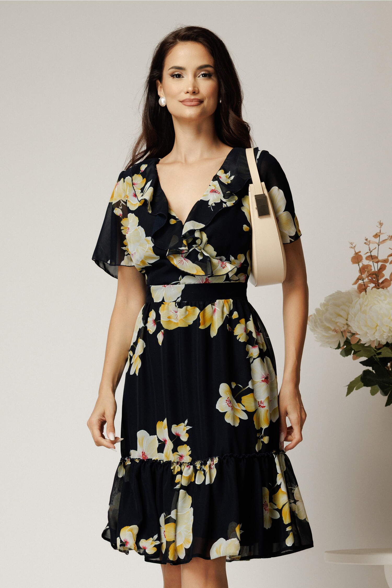 Rochie midi bleumarin cu flori - Elegantă cununie civilă