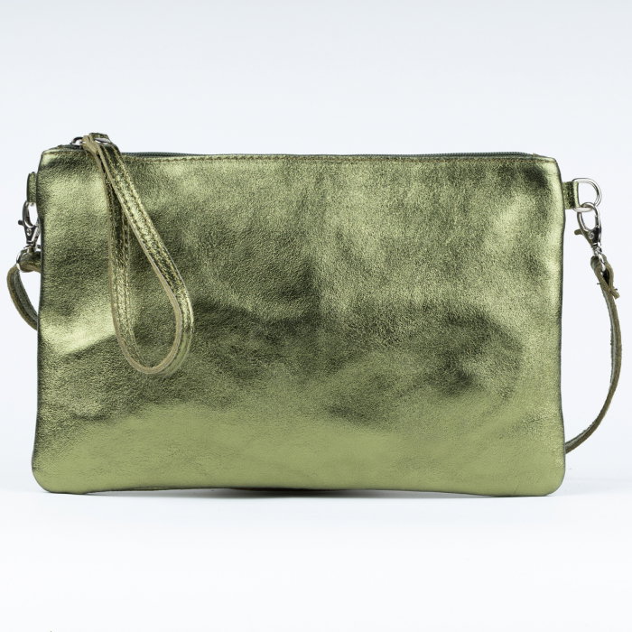 Geanta plic crossbody verde metalizat, din piele naturala
