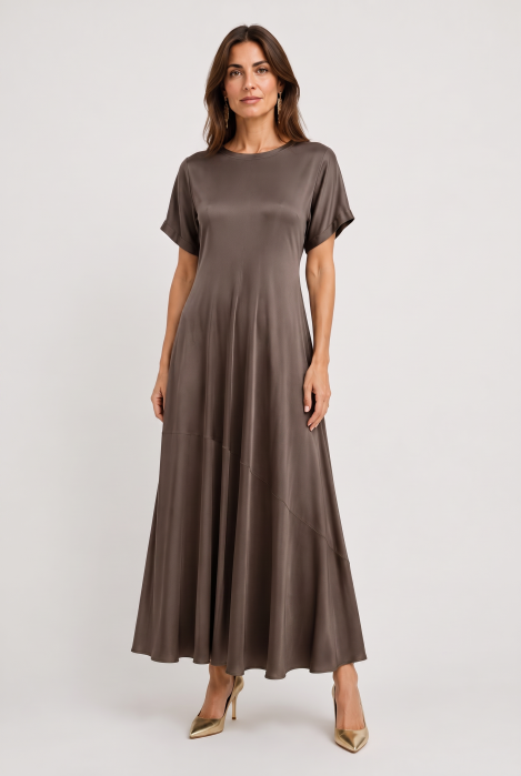 Rochie lunga din satin cu matase si vascoza, croi amplu si design fluid, gri