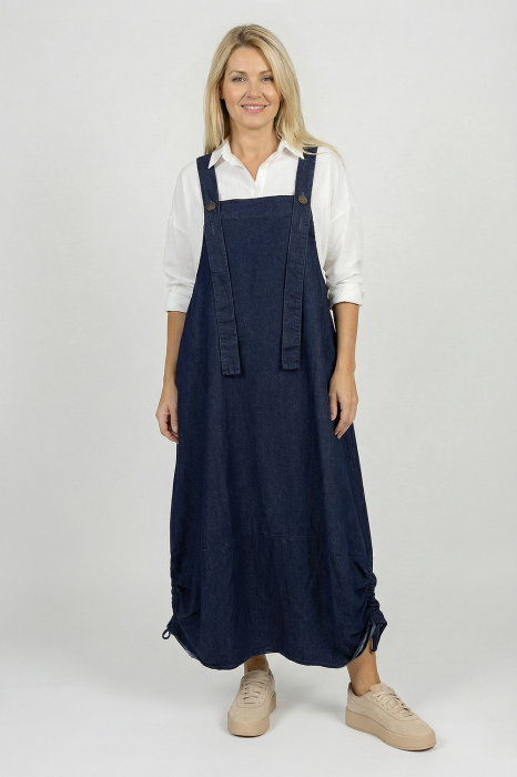 Rochie sarafan lunga cu bretele si snur reglabil, din denim