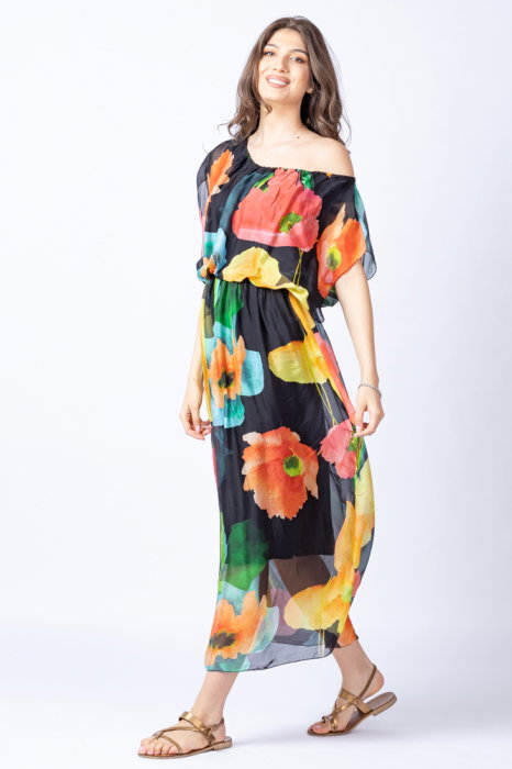 Rochie lunga, cu imprimeu floral multicolor pe fond negru, din matase si vascoza