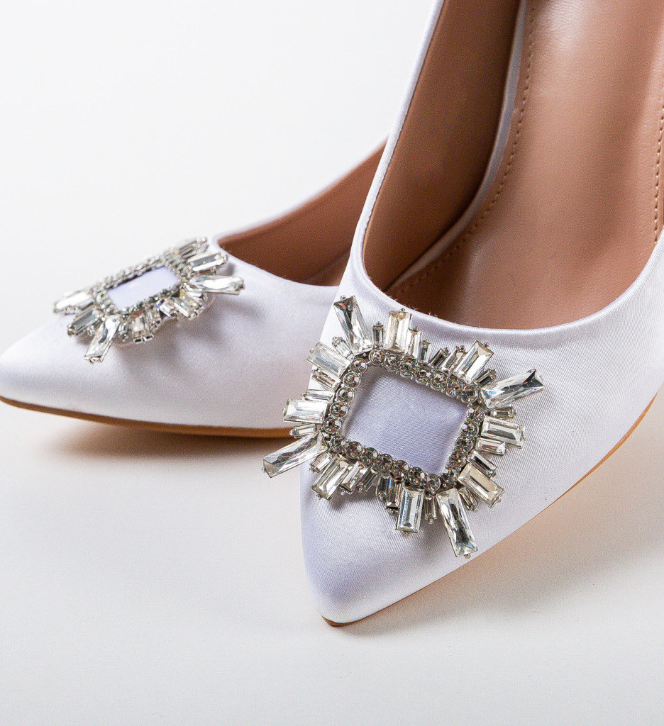 Pantofi Bino Albi Eleganți cu Toc - imagine 6