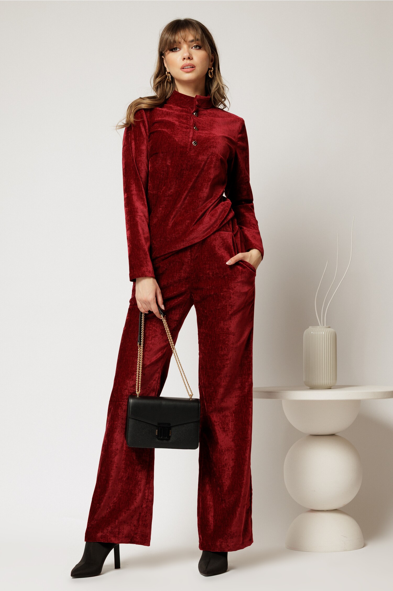Pantaloni Catifea Velurată DY Fashion Bordo Eleganți