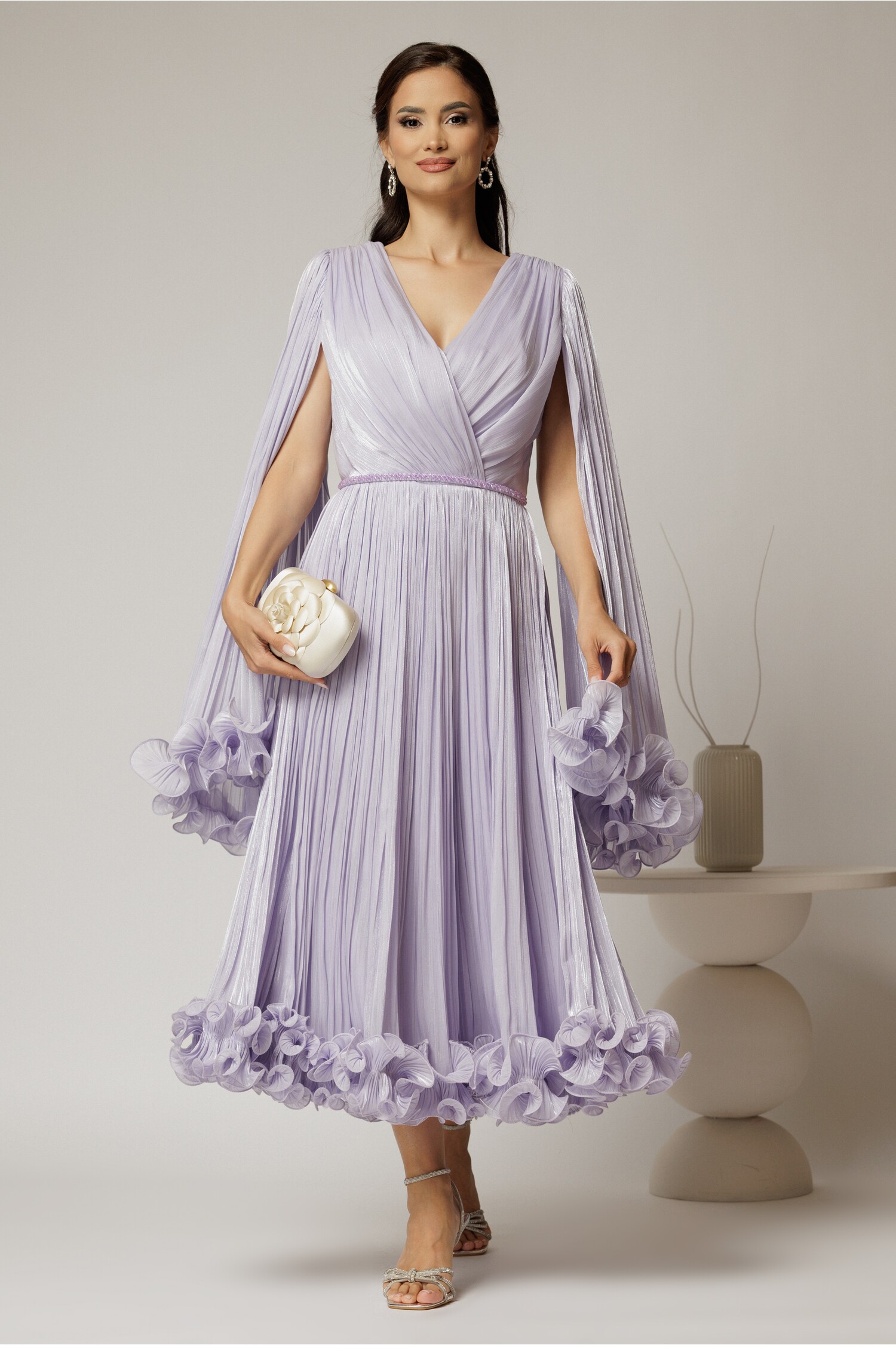 Rochie Midi Lila Satinat cu Strasuri