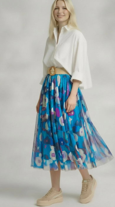 Fusta clos tulle floral turcoaz Shopika