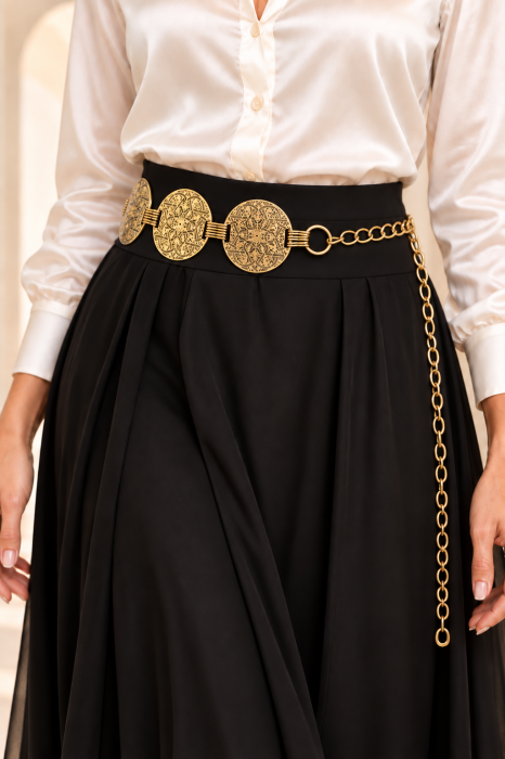 Curea metalica cu medalioane rotunde cu model oriental stilizat, aurie