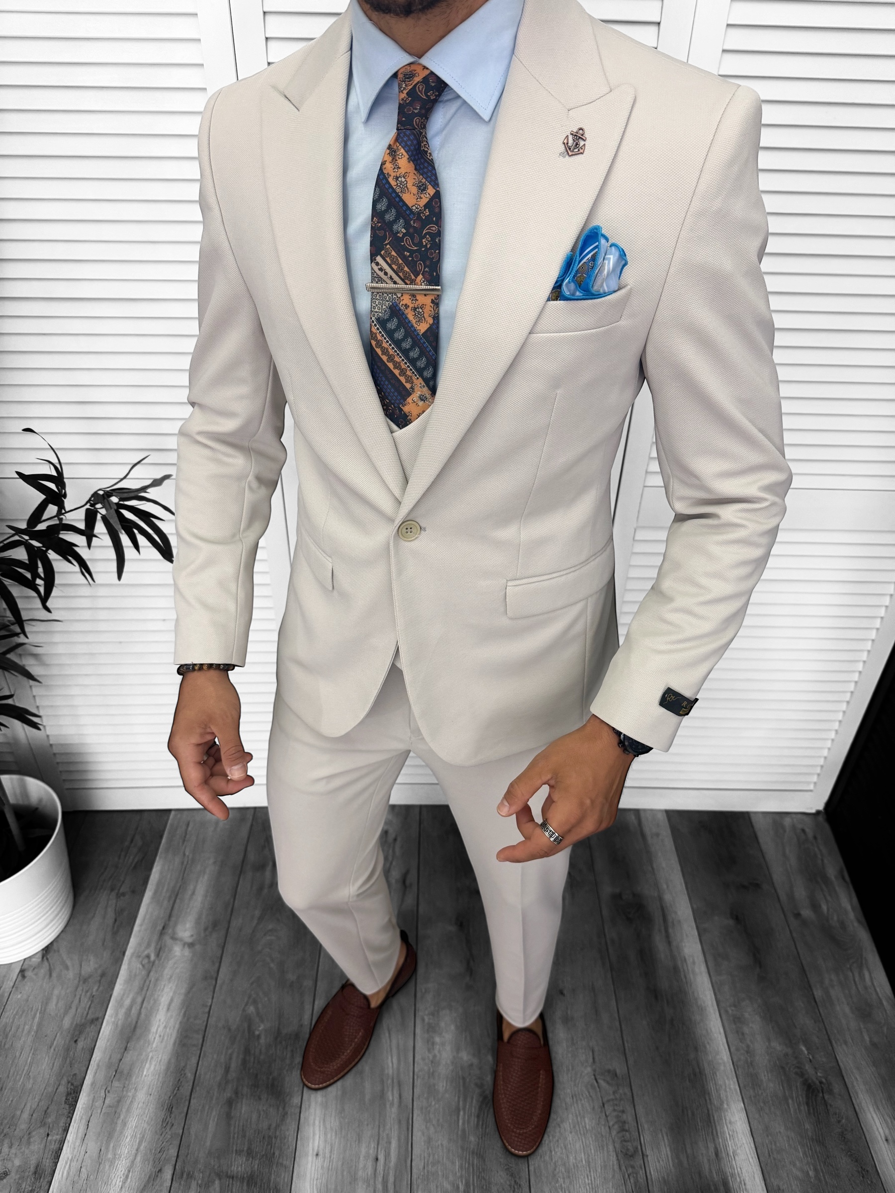 Costum Barbati 3 Piese Slim Fit Bej Elegance