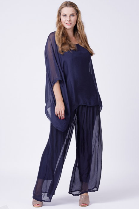 Pantaloni bleumarin, drepti, cu dublura, din matase si vascoza