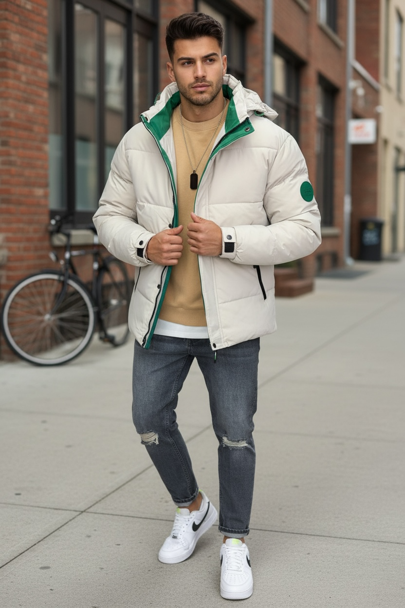 Geacă Bărbați Iarnă Bej Model Slim Fit