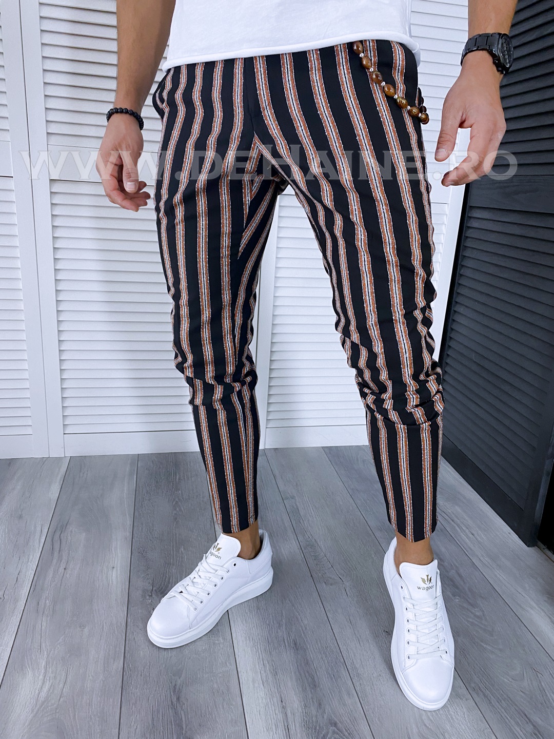 Pantaloni Barbati Casual Negri in Dungi din Bumbac