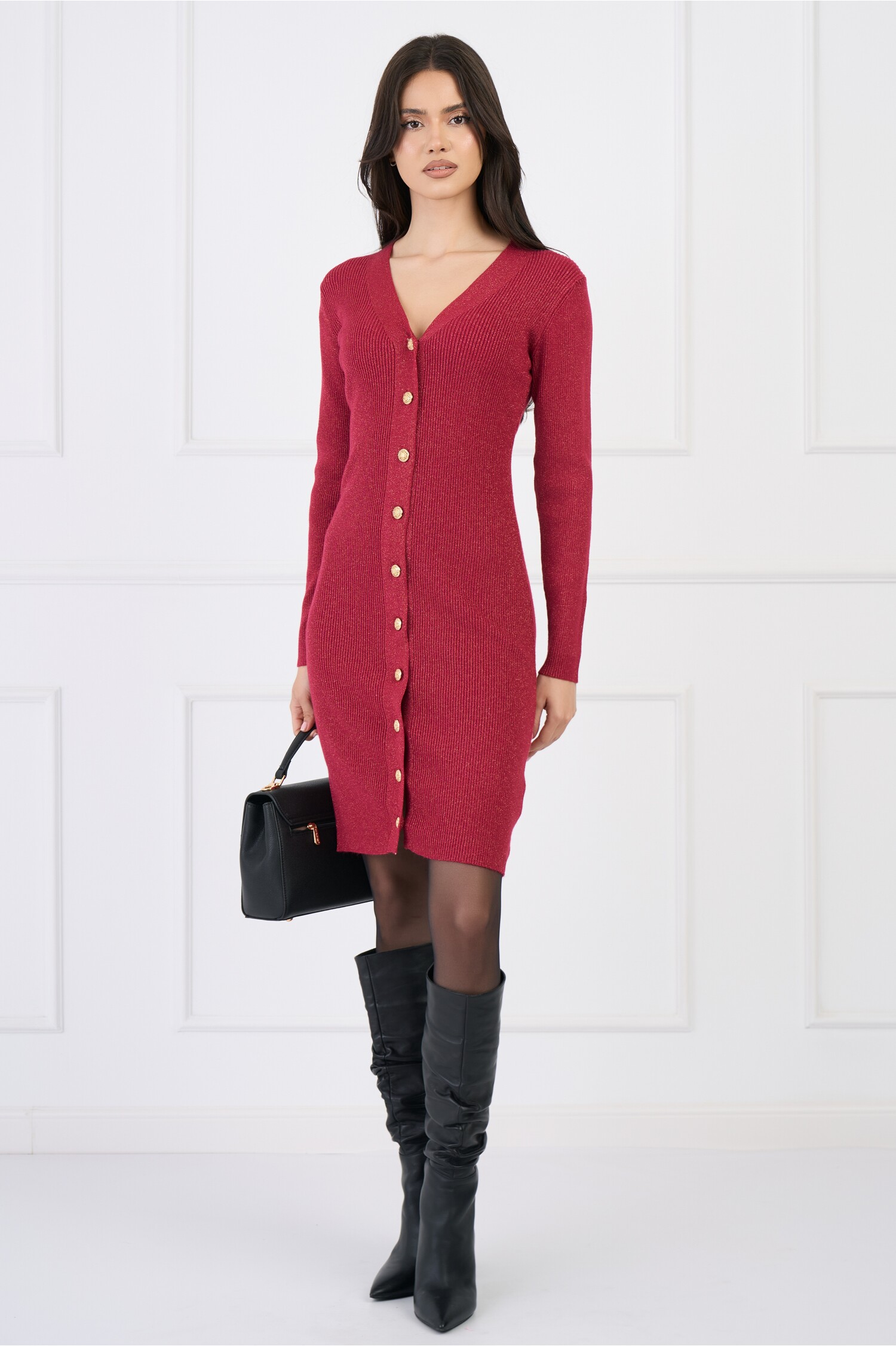 Rochie Tricot Fucsia cu Lurex și Nasturi