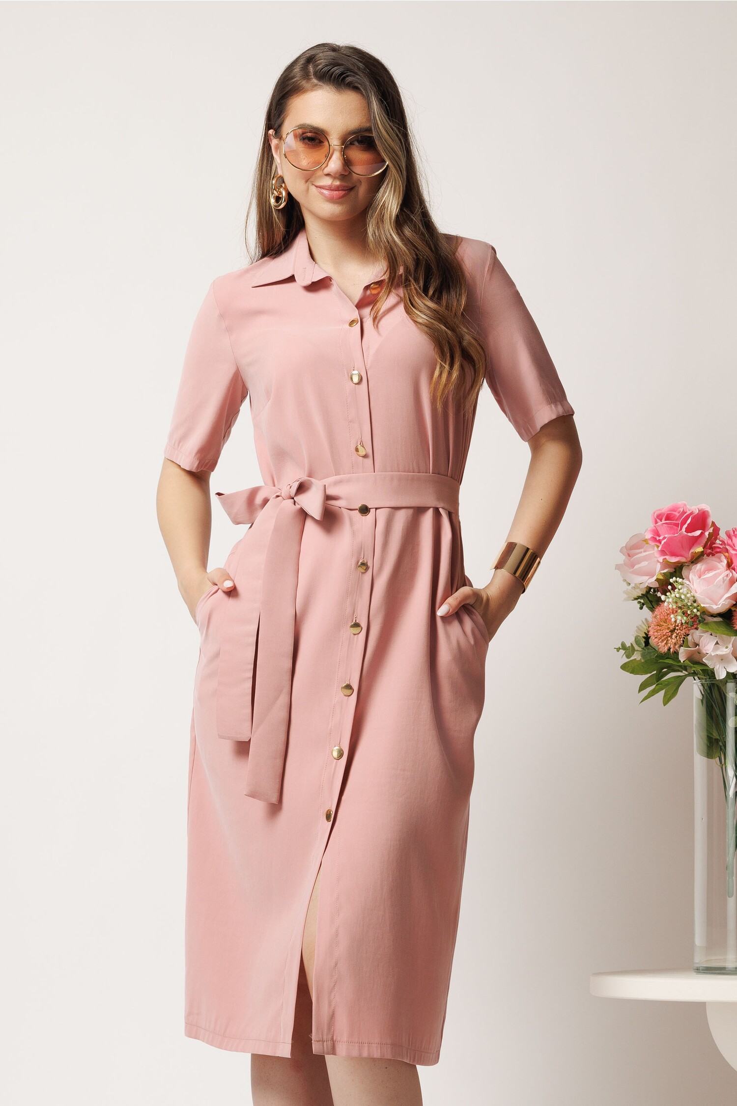 Rochie Midi Roz Tip Cămașă cu Cordon