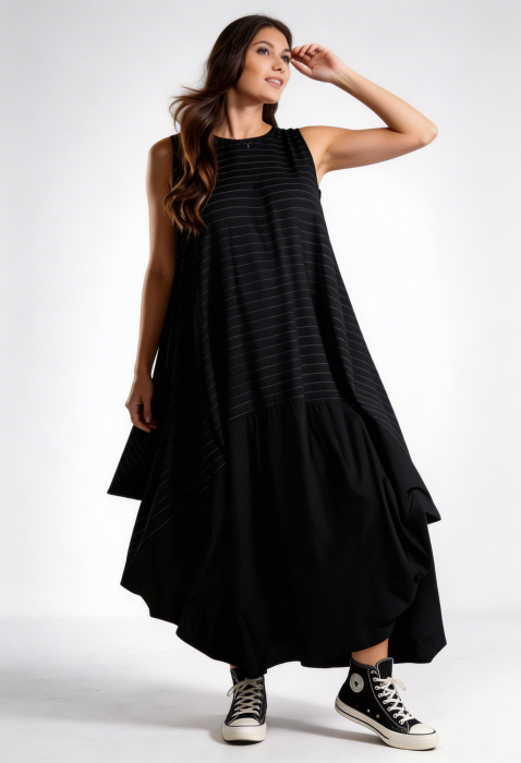 Rochie neagra in colturi cu dungi fine oversized cu volum arhitectural ,   stil urban chic