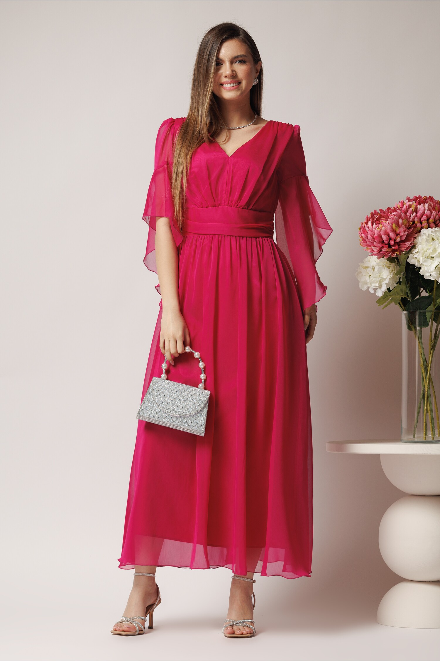 Rochie Midi Fucsia Voal Decolteu Profund