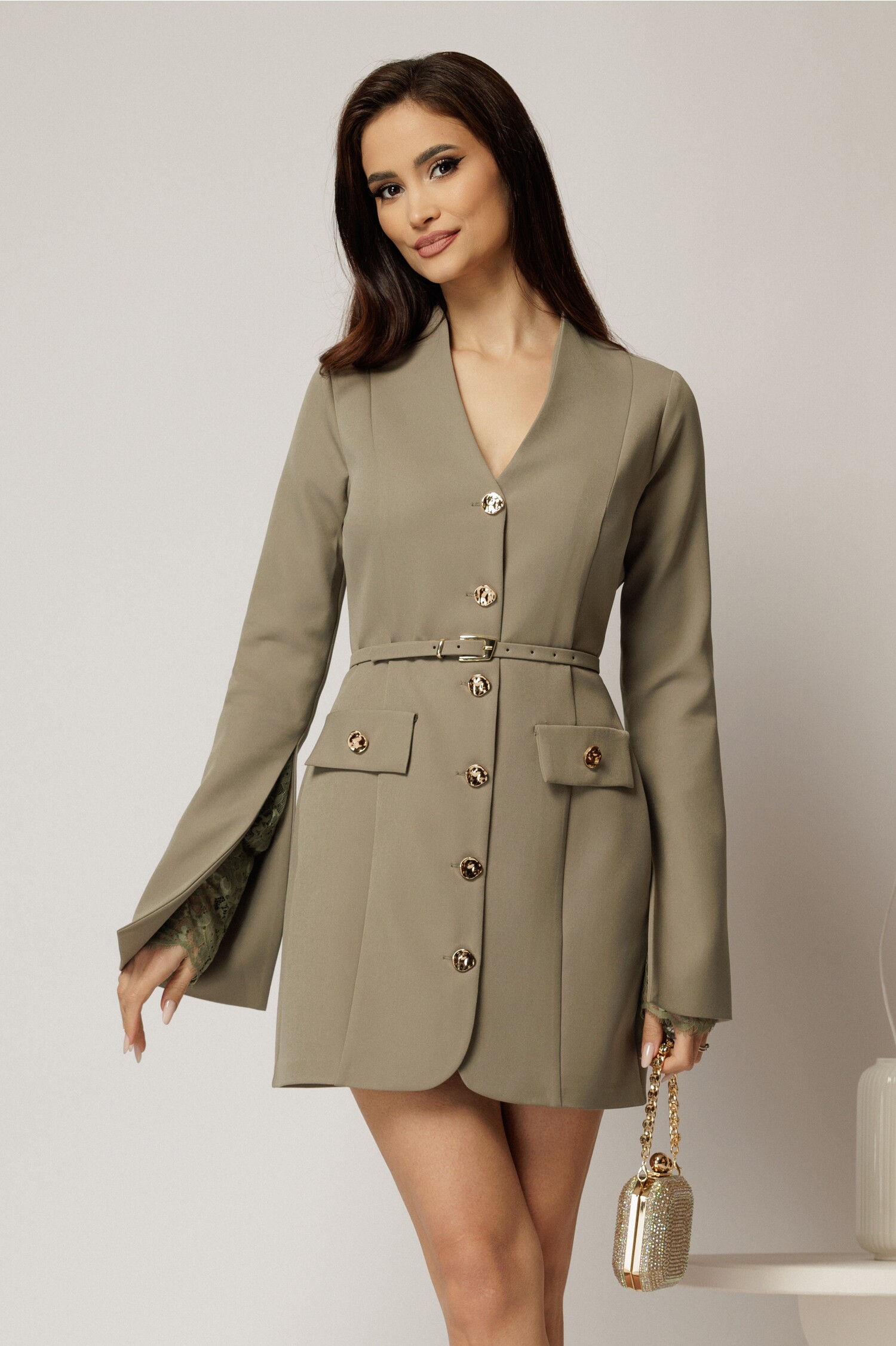 Rochie Scurta Kaki cu Dantela | Design Elegant
