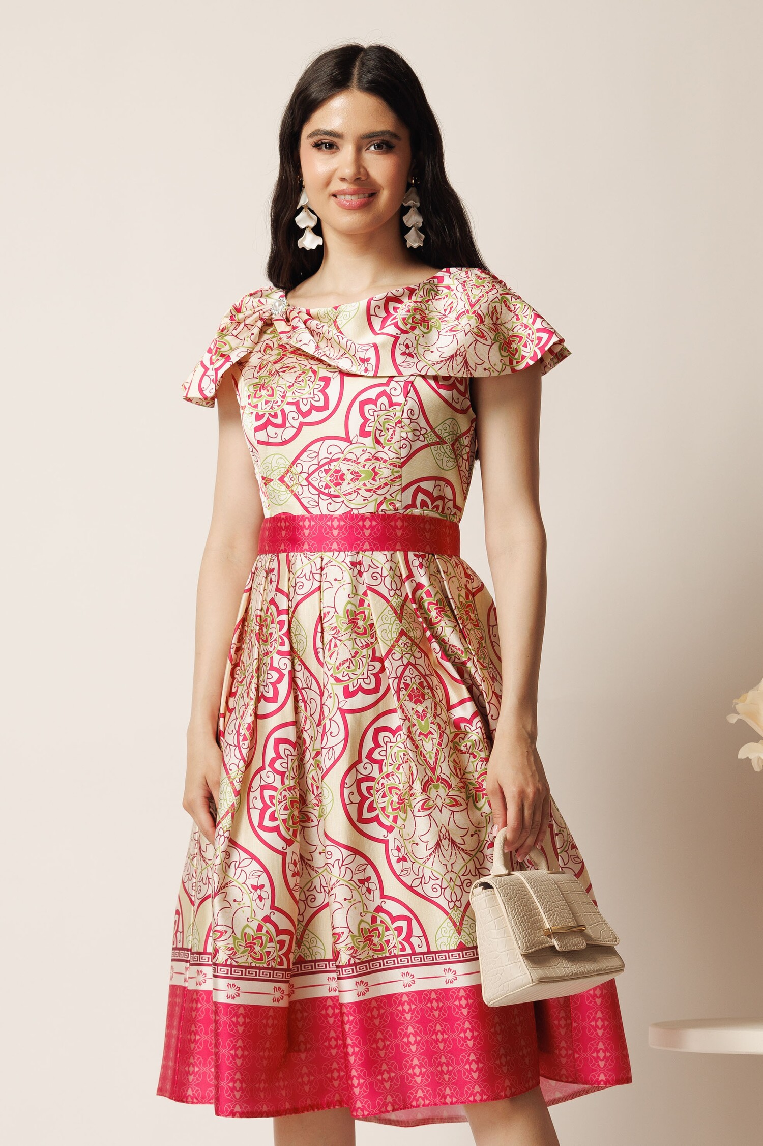 Rochie Midi Satin cu Imprimeuri Fucsia | Eleganță