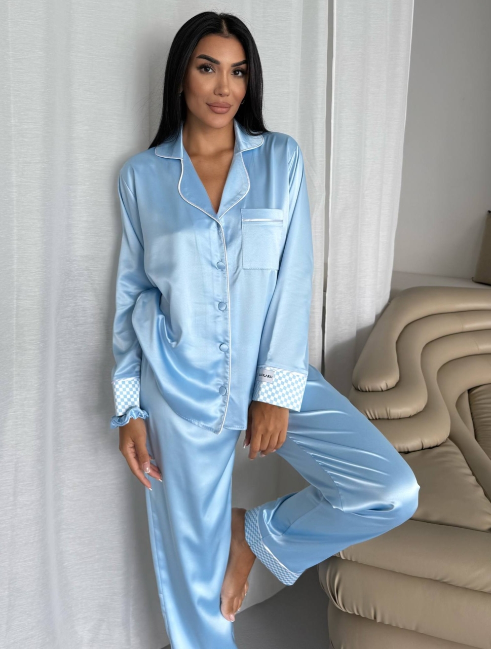 Set Pijama Dama 2 Piese Delis Albastru Satin Mat - imagine 4