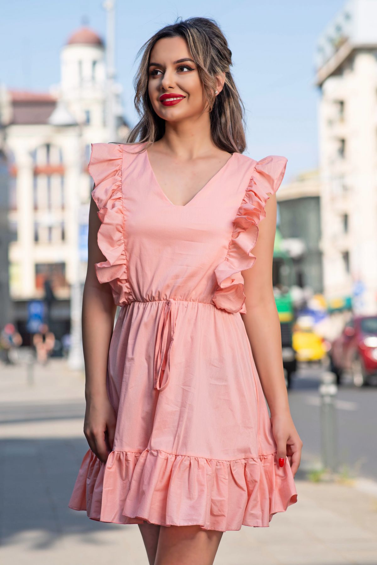 Rochie Atmosphere Poplin Somon cu Volanase