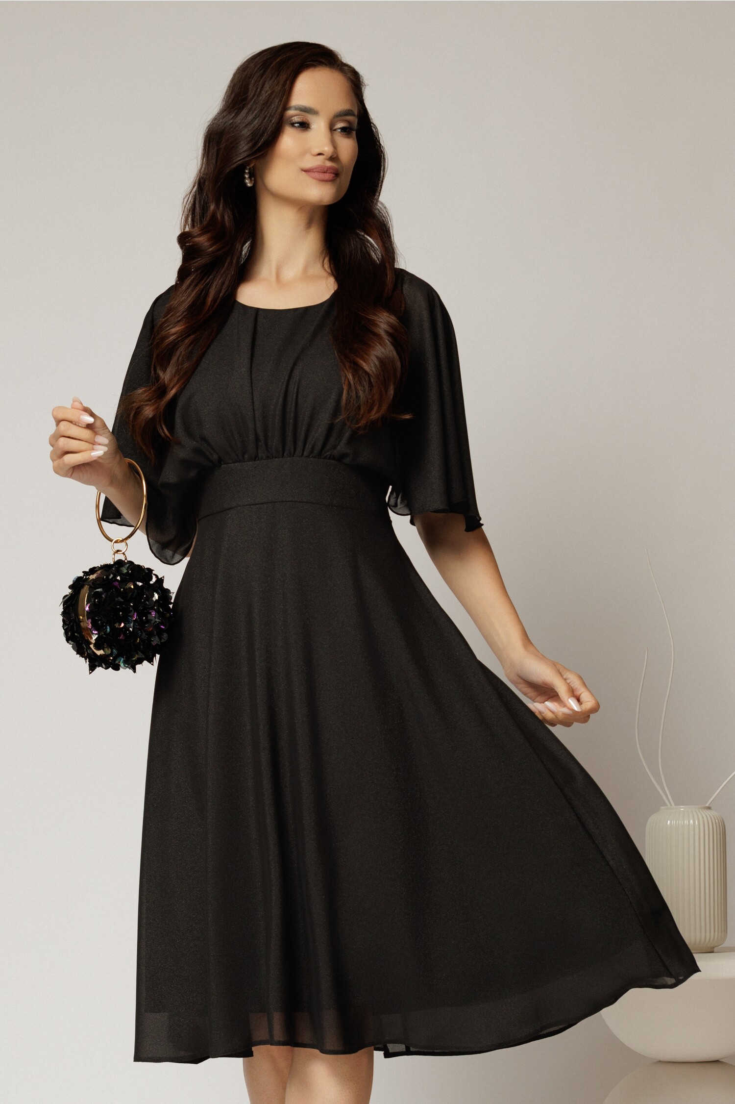 Rochie Midi Voal Negru Eleganta cu Maneci Lejere