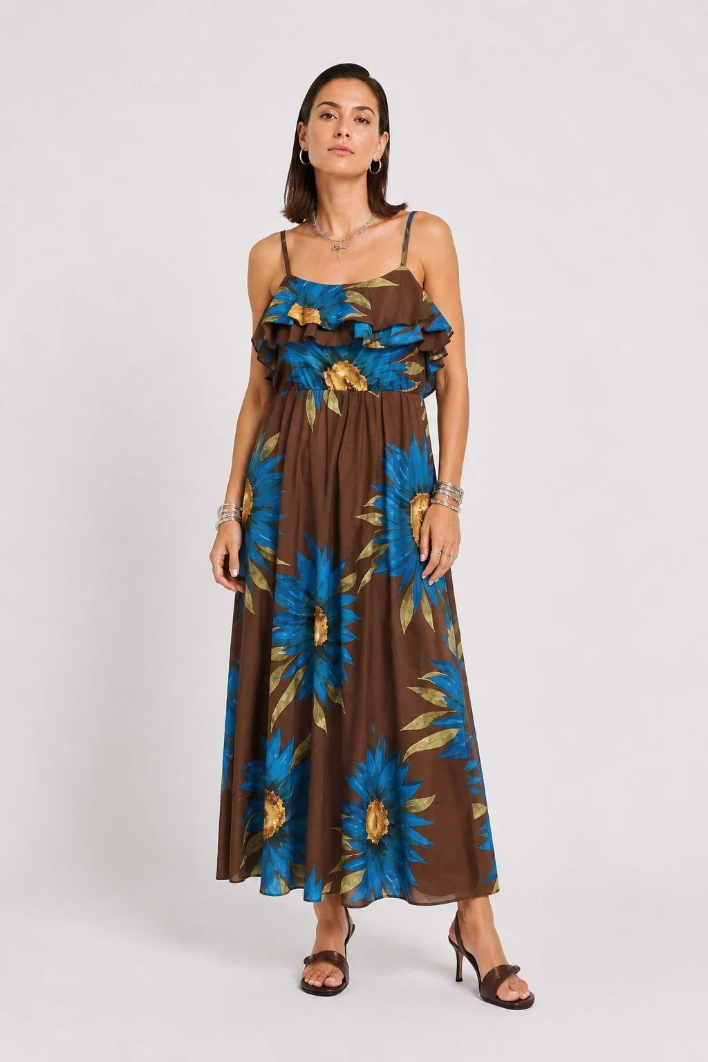 Rochie lunga din bumbac subtire cu volan pe piept siimprimeu floral, maro