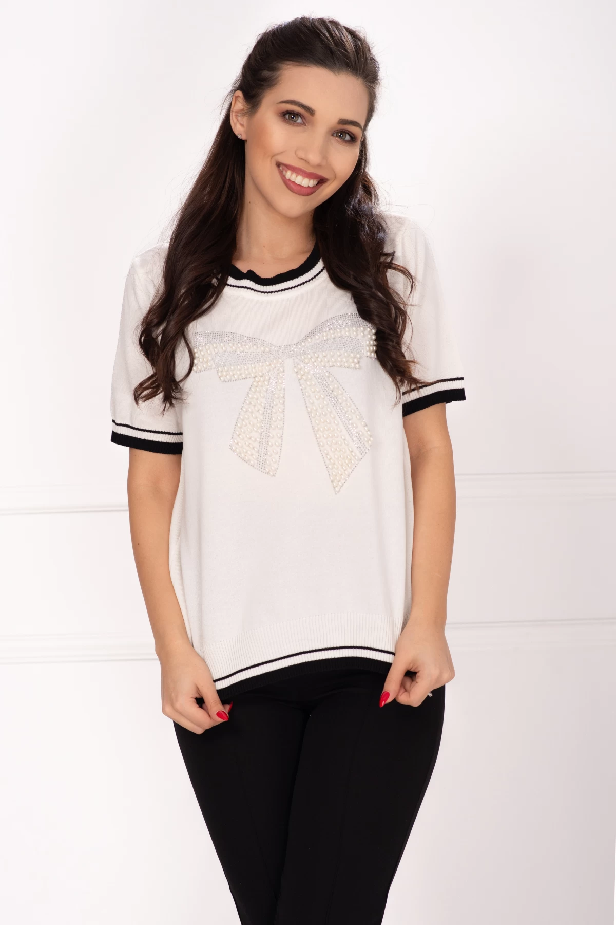 Bluza Inpuff alba cu funda perle - tricot fin